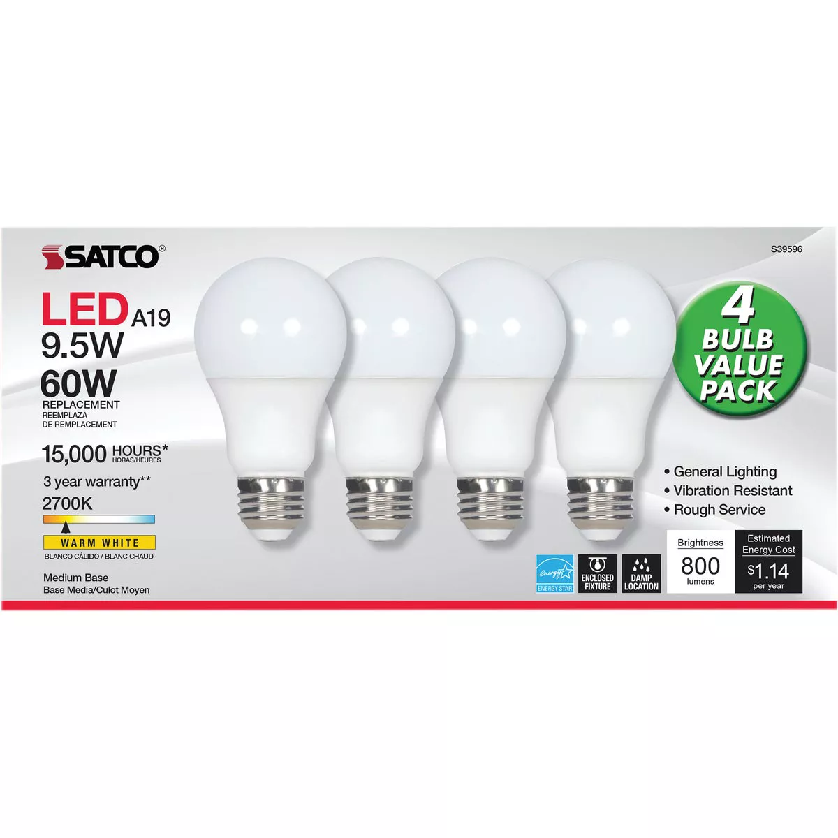 Satco 60W Equivalent Warm White A19 Medium LED Light Bulb (4-Pack) - photo 2