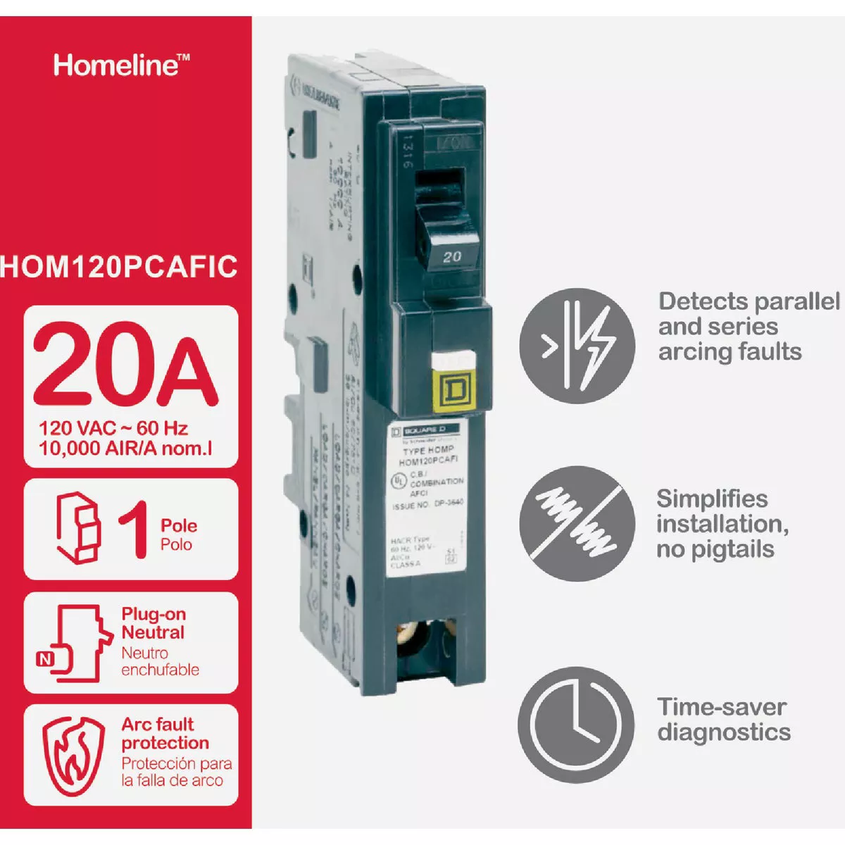 Square D Homeline 20A Single-Pole CAFCI Plug-On Neutral Combination Arc Fault Breaker - photo 3