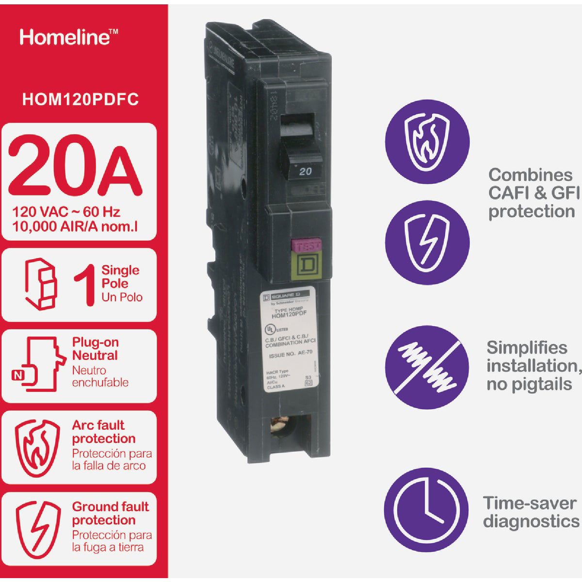 Square D Homeline 20A SinglePole CAFCI PlugOn Neutral Dual Function 