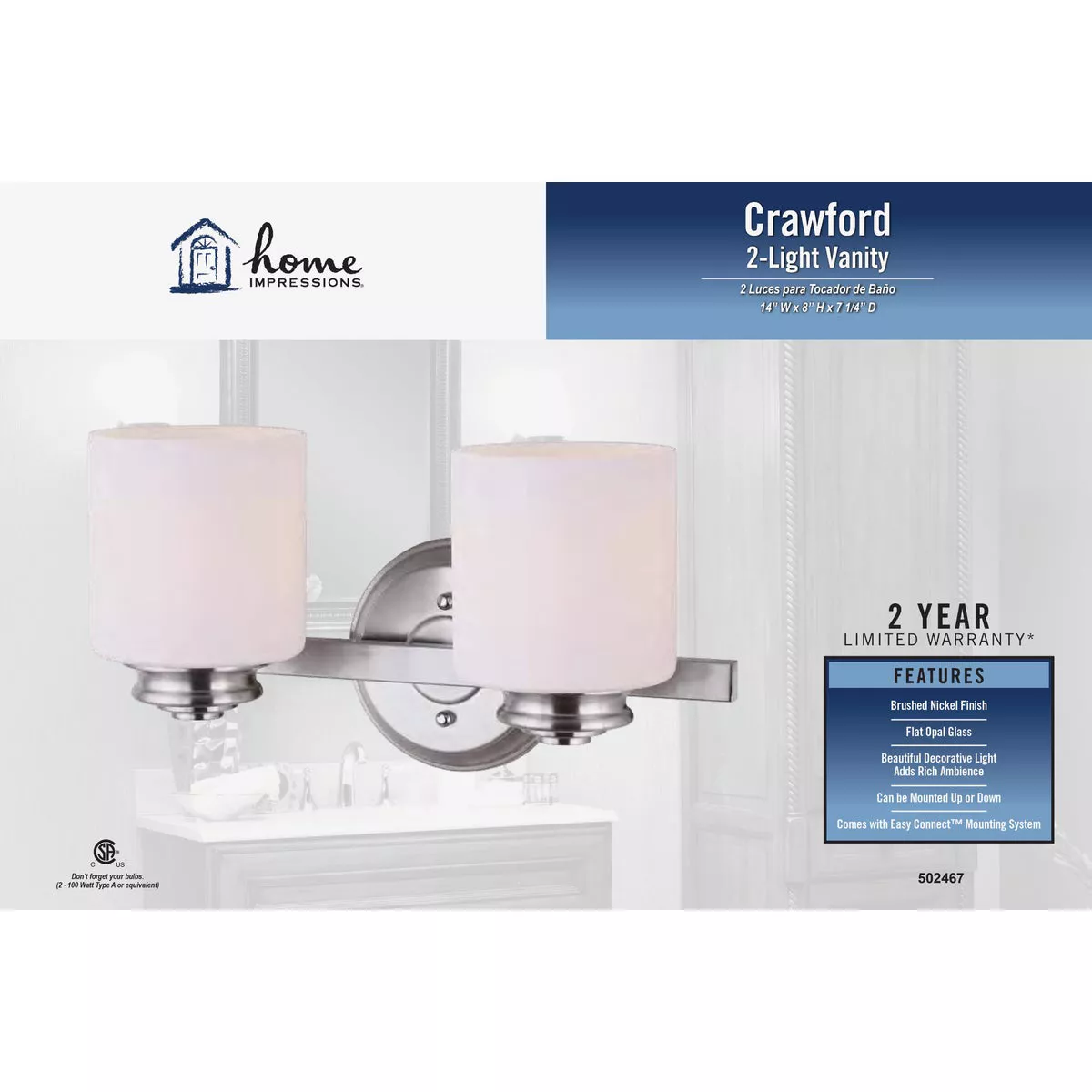 Home Impressions Crawford 2-Bulb Brushed Nickel Bronze Bath Light Bar - photo 2