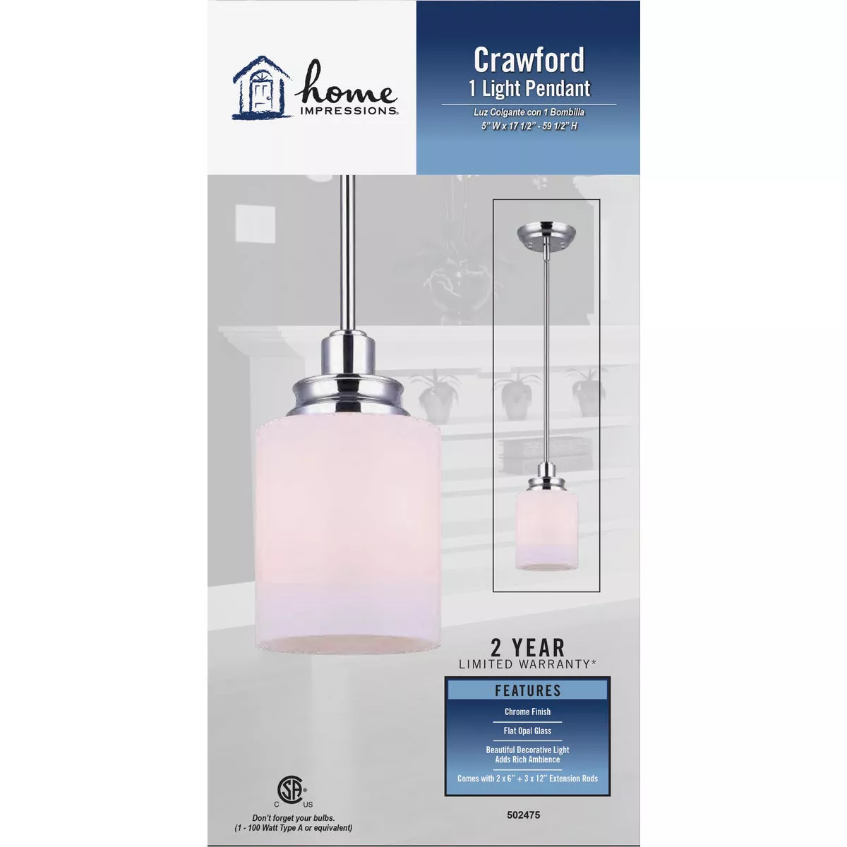 Home Impressions Crawford 1-Bulb Polished Chrome Incandescent Pendant Light Fixture - photo 2
