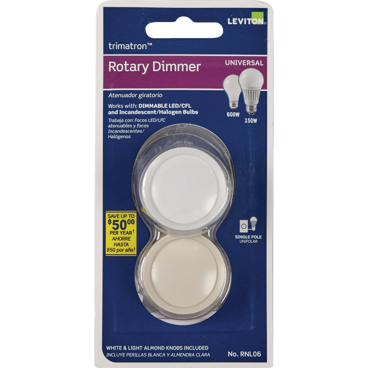 Leviton White/Light Almond Universal Turn OnOff Rotary Dimmer Switch