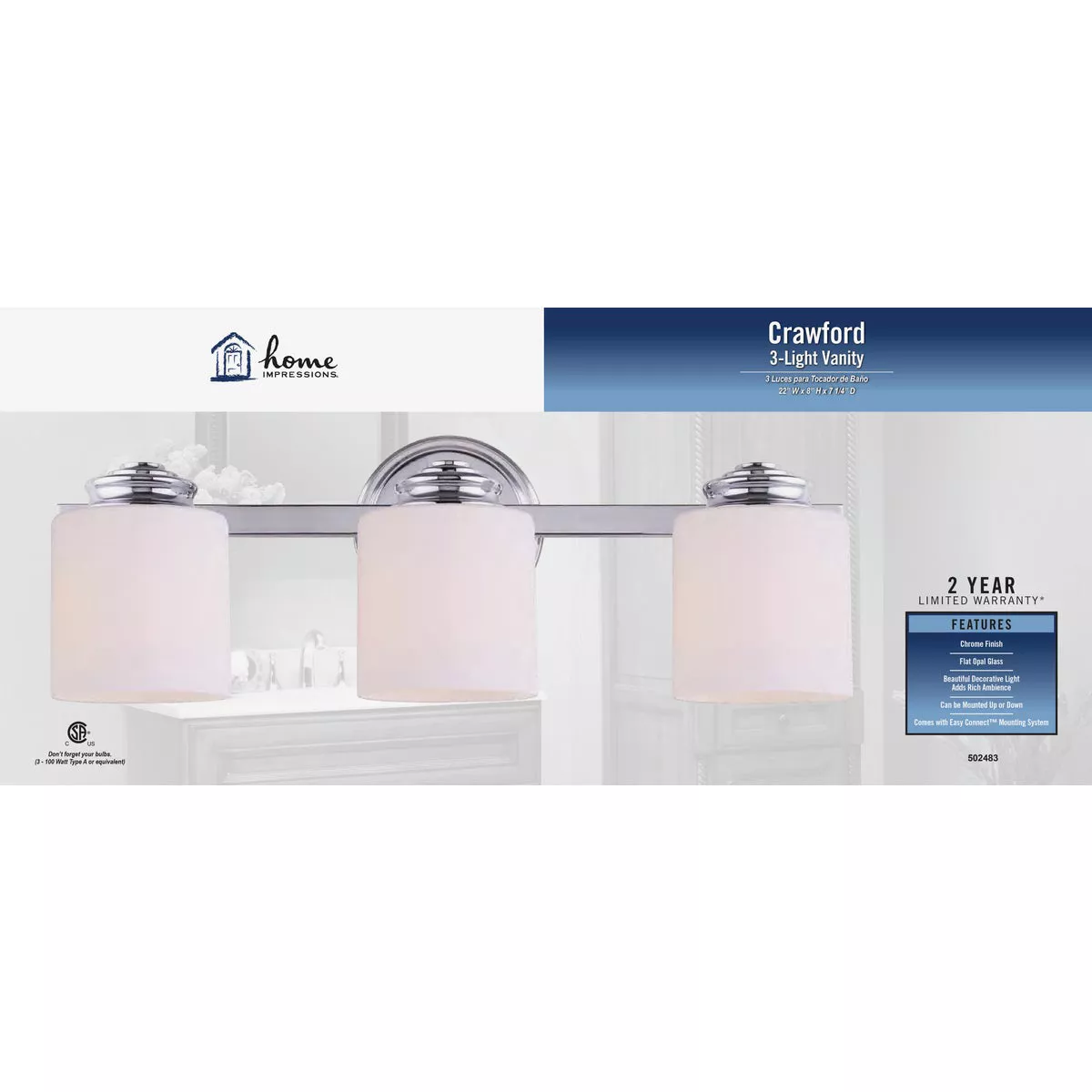 Home Impressions Crawford 3-Bulb Polished Chrome Bath Light Bar - photo 2