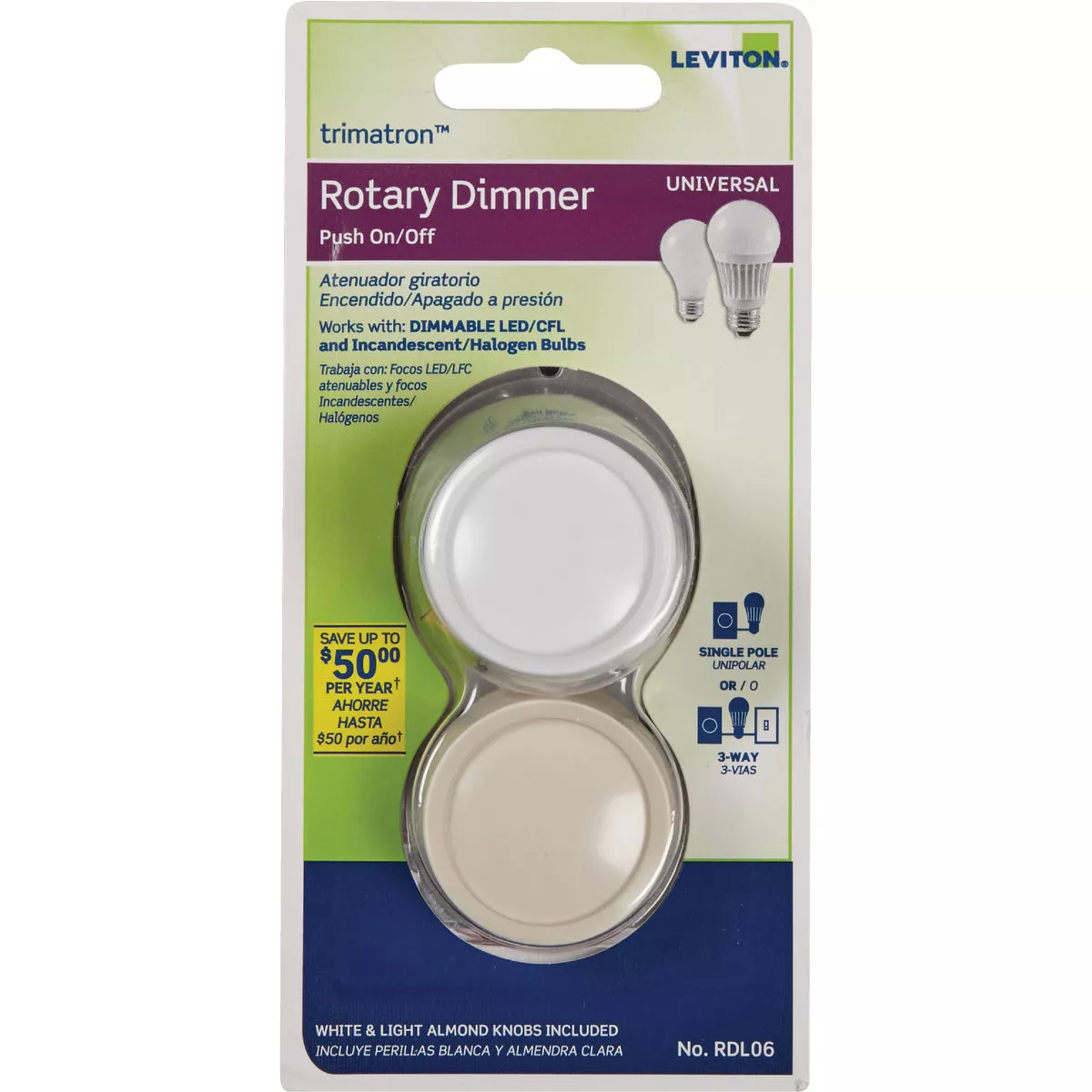 Leviton Trimatron White/Light Almond Push On/Off Rotary Dimmer Switch - photo 2