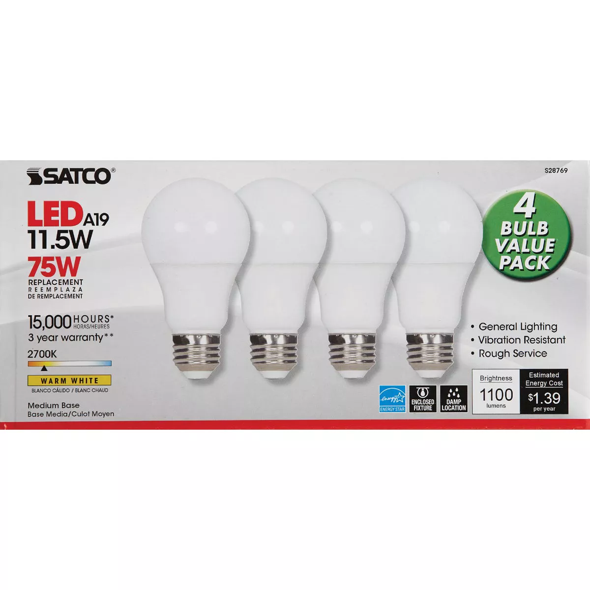 Satco 75W Equivalent Warm White A19 Medium LED Light Bulb (4-Pack) - photo 2