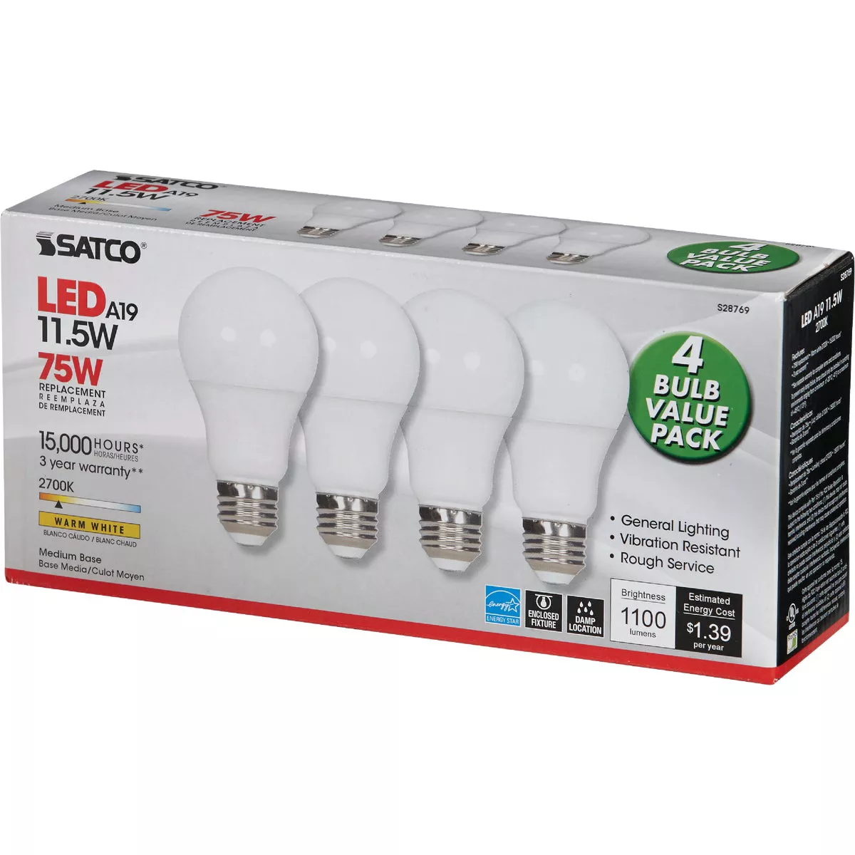Satco 75W Equivalent Warm White A19 Medium LED Light Bulb (4-Pack) - photo 3