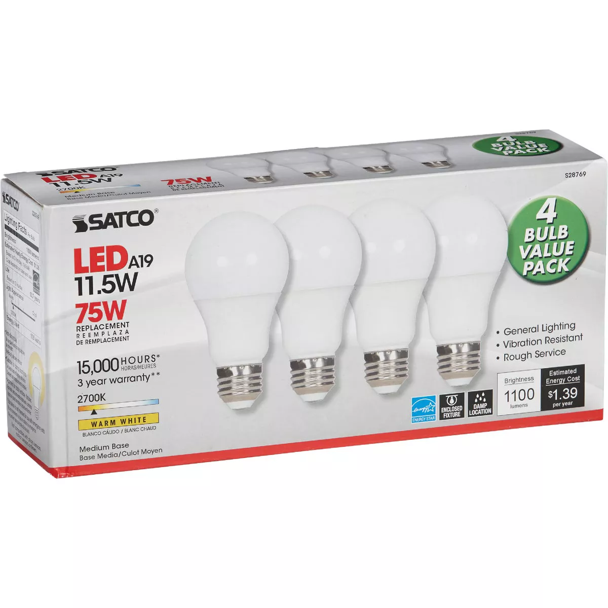 Satco 75W Equivalent Warm White A19 Medium LED Light Bulb (4-Pack) - photo 4