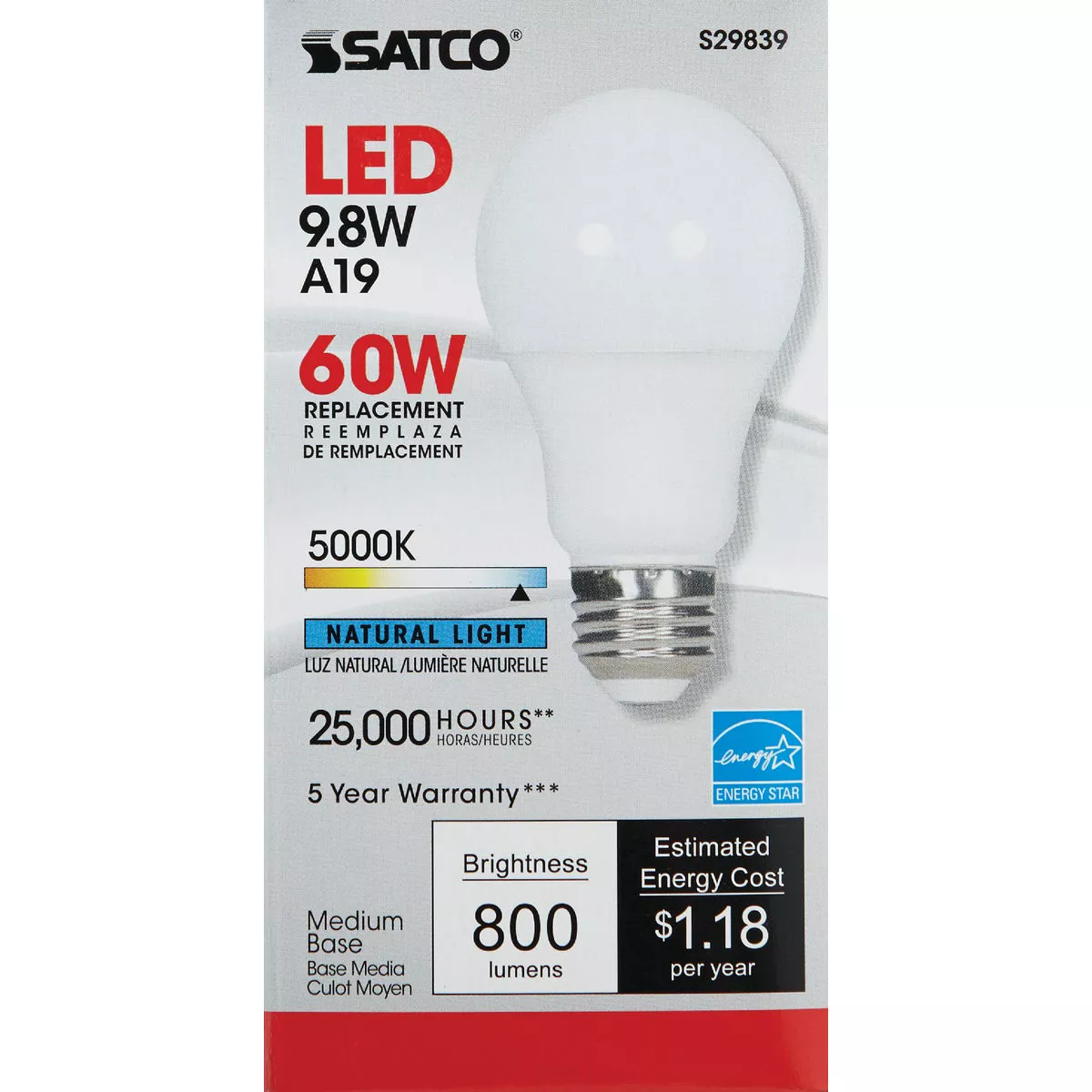 Satco 60W Equivalent Natural Light A19 Medium Dimmable LED Light Bulb - photo 2