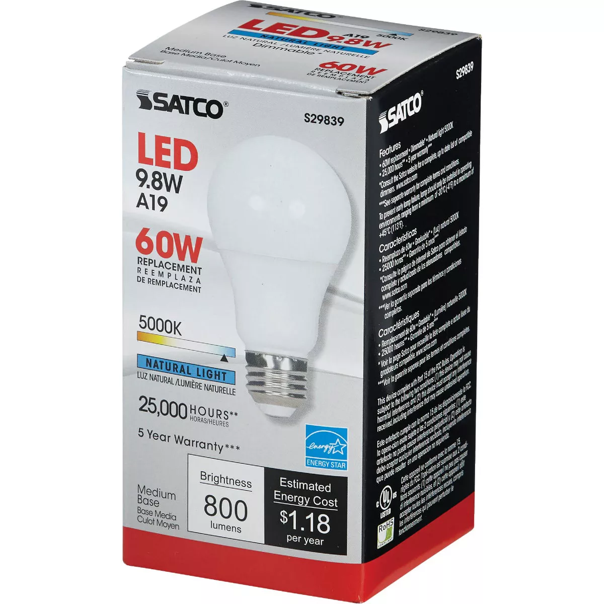 Satco 60W Equivalent Natural Light A19 Medium Dimmable LED Light Bulb - photo 3
