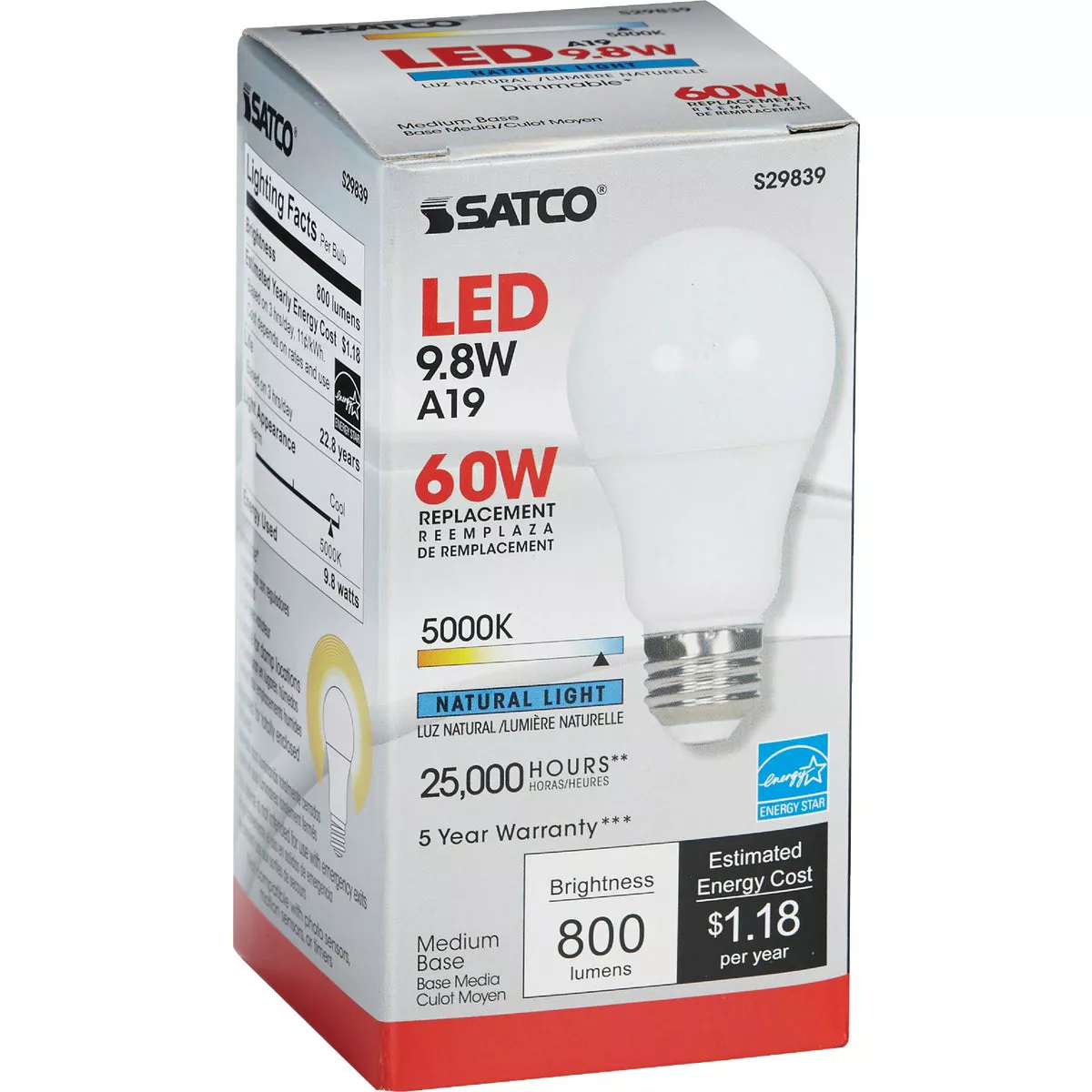 Satco 60W Equivalent Natural Light A19 Medium Dimmable LED Light Bulb - photo 4