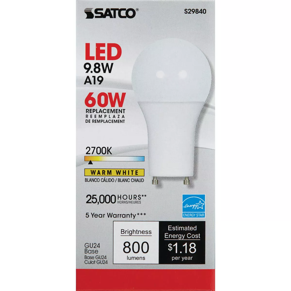 Satco 60W Equivalent Warm White A19 GU24 LED Light Bulb - photo 2