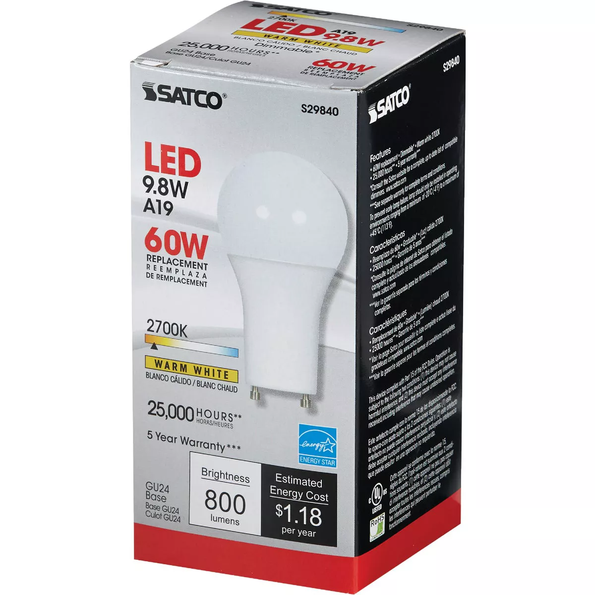 Satco 60W Equivalent Warm White A19 GU24 LED Light Bulb - photo 3