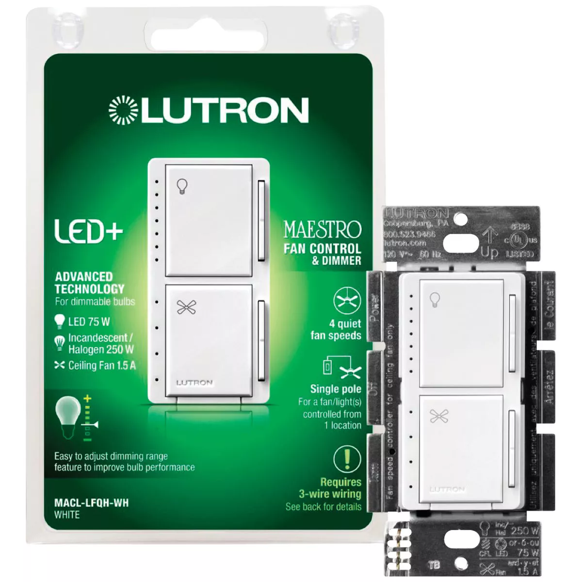 Lutron Maestro White Dimmer & Fan Control Switch - photo 2