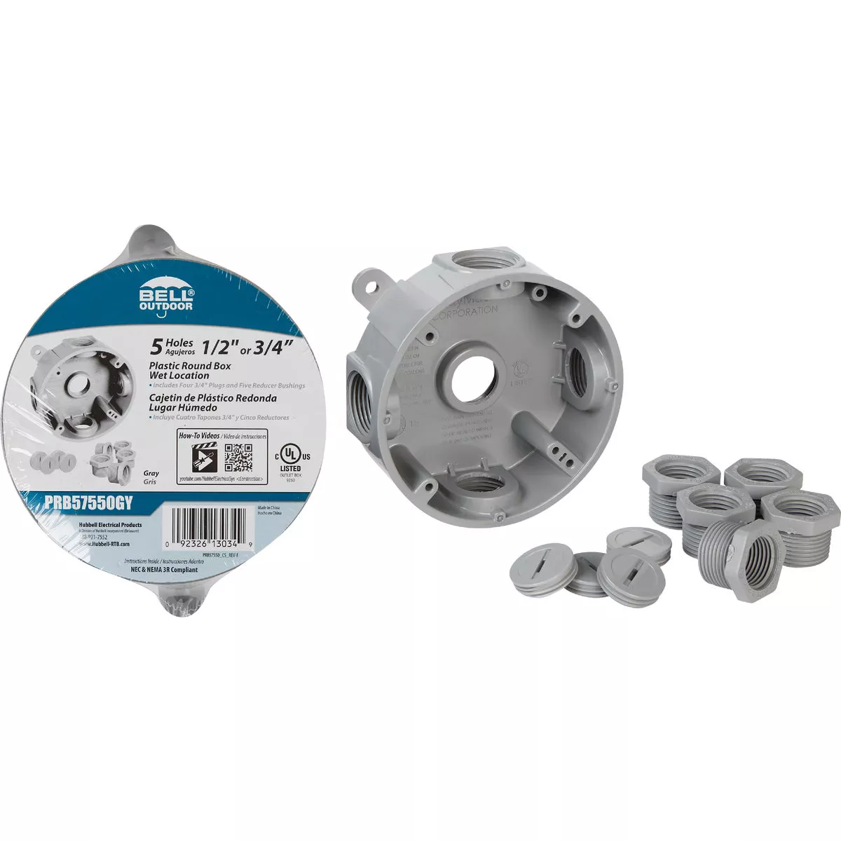 Bell Single Gang 1/2 In.,3/4 In. 5-Outlet Gray Round PVC Weatherproof ...