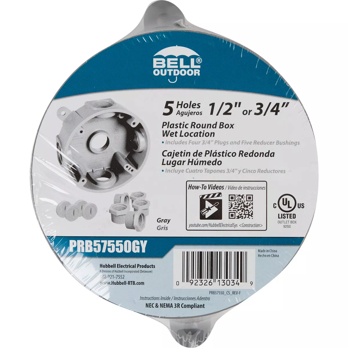 Bell Single Gang 1/2 In.,3/4 In. 5-Outlet Gray Round PVC Weatherproof ...