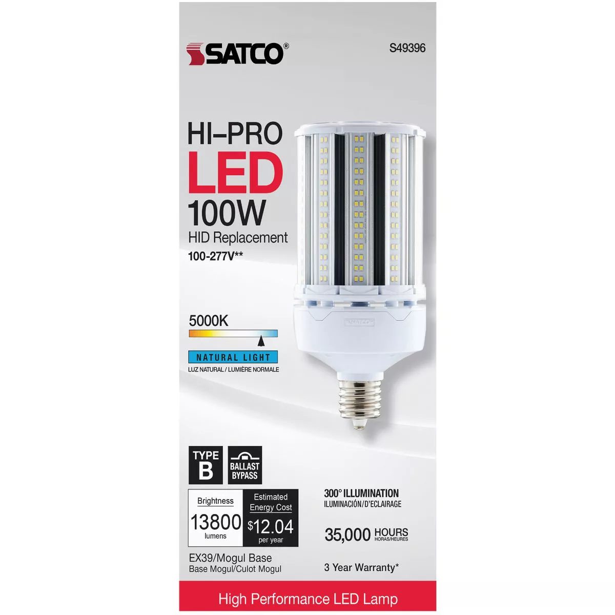 Satco Hi-Pro 400W HID Equivalent Clear Corn Cob Mogul Extended Base LED High-Intensity Light Bulb w/Safety Chain - photo 2