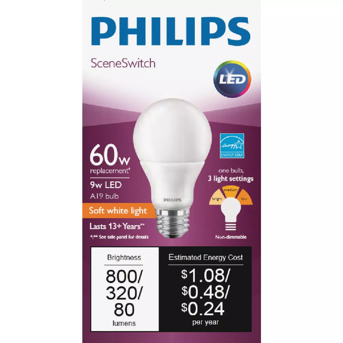 Philips SceneSwitch 60W Equivalent Soft White/Warm White/Warm Glow A19 Medium LED Light Bulb - photo 2