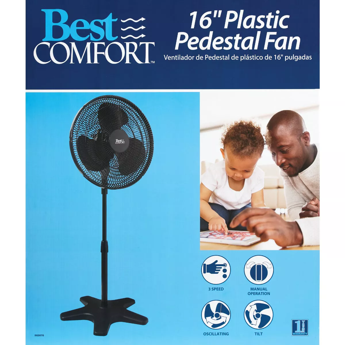 Best Comfort 16 In. 3-Speed 38 In. to 49 In. H. Black Oscillating Pedestal Fan - photo 2