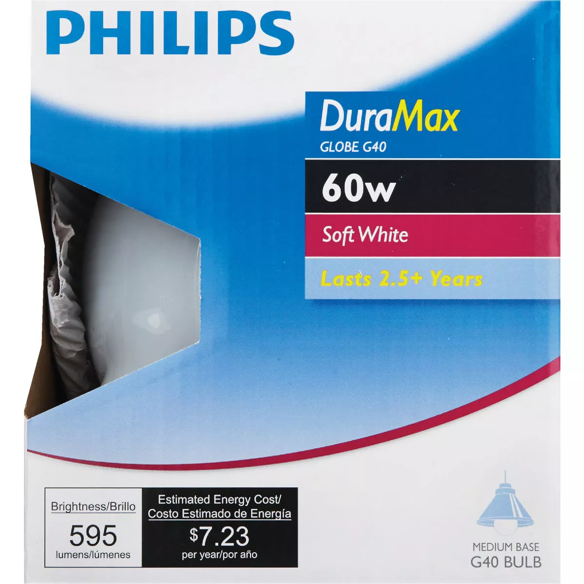 Philips DuraMax 60W Frosted Soft White Medium Base G40 Incandescent Globe Light Bulb - photo 2