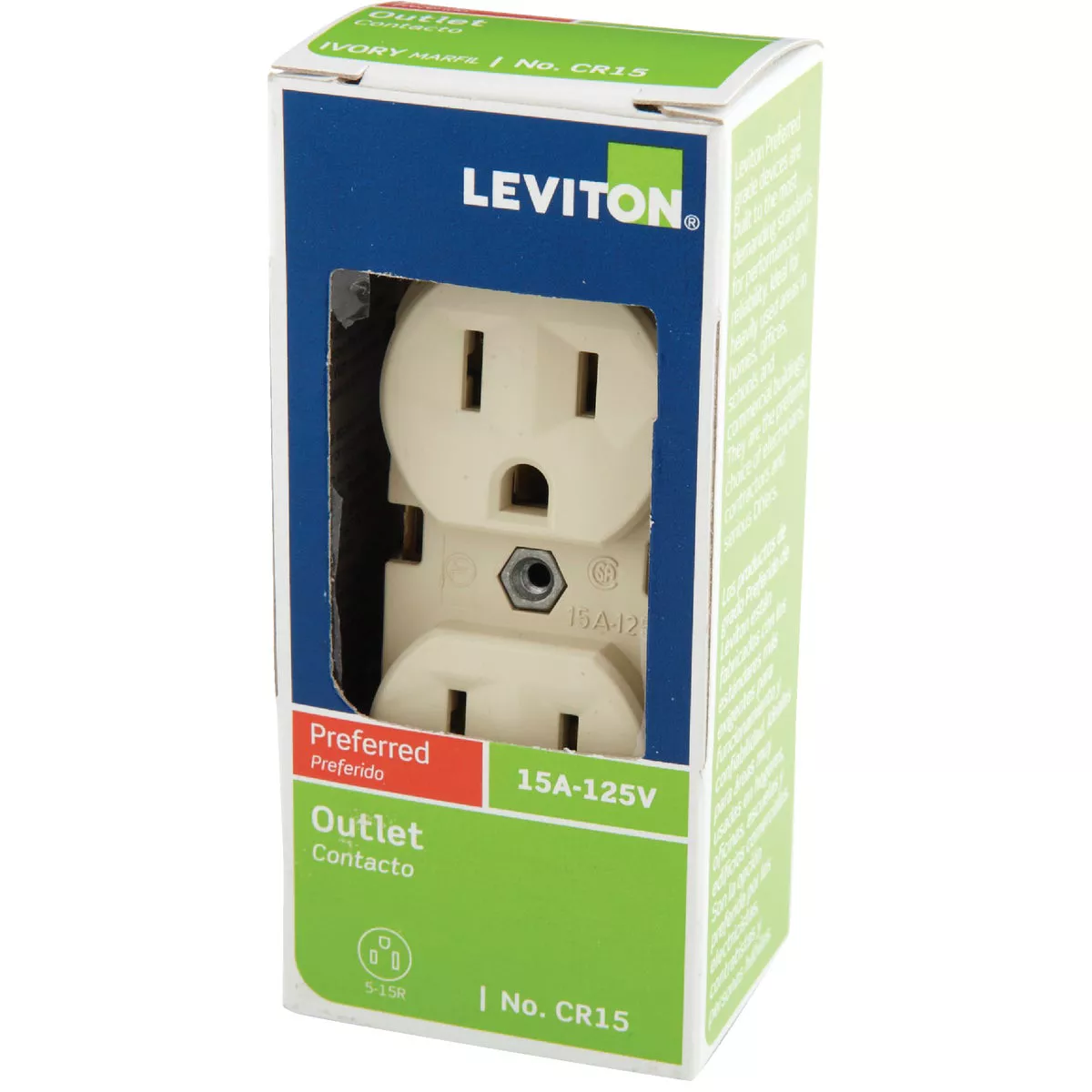 Leviton 15A Ivory Commercial Grade 5-15R Duplex Outlet - photo 3