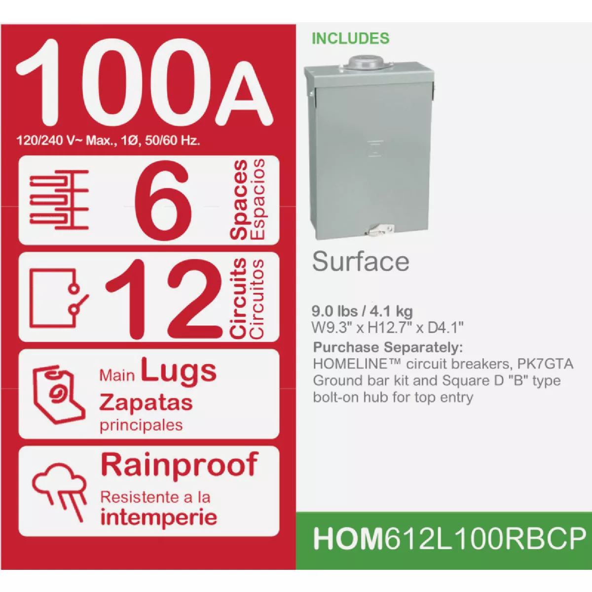 Square D Homeline 100A 6-Space 12-Circuit Raintight Main Lug Load Center - photo 2