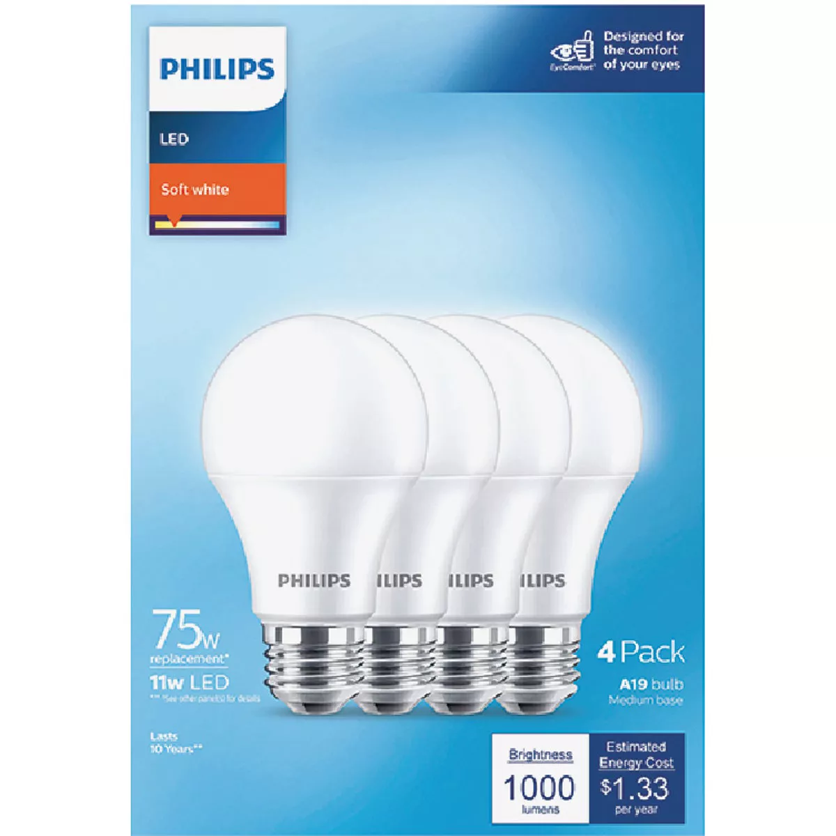 Philips EyeComfort 75W Equivalent Soft White A19 Medium LED Light Bulb (4-Pack) - photo 2