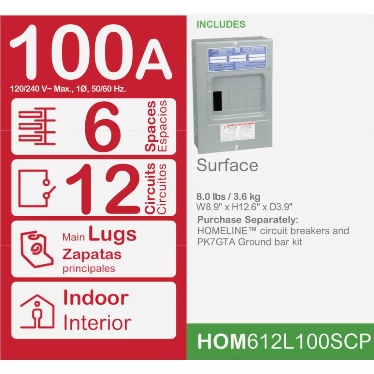 Square D Homeline 100A 6-Space 12-Circuit Indoor Main Lug Surface Mount Load Center - photo 2