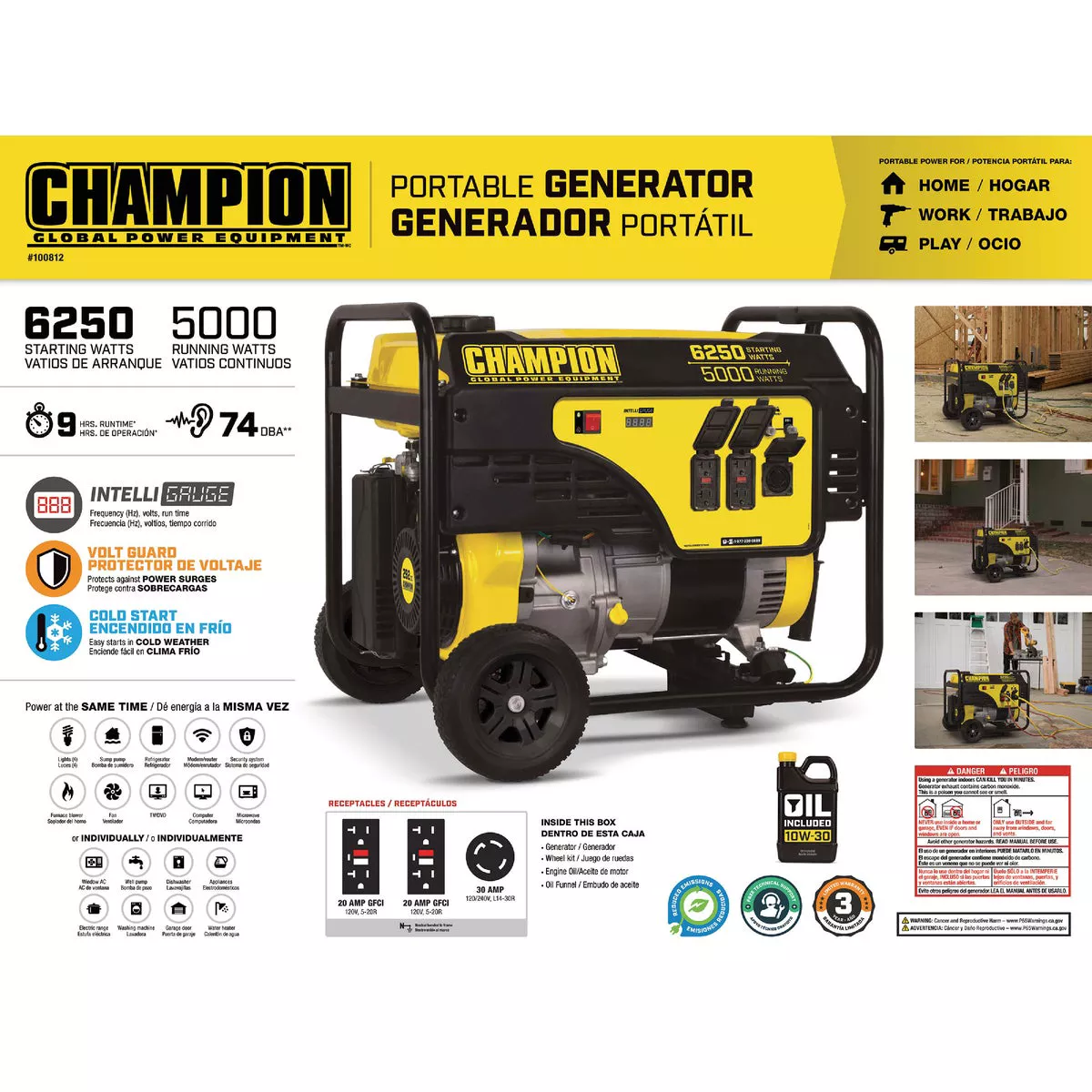 Champion 5000W Gasoline Powered Recoil Pull Start Portable Generator with Wheel Kit (California Compliant) - photo 4