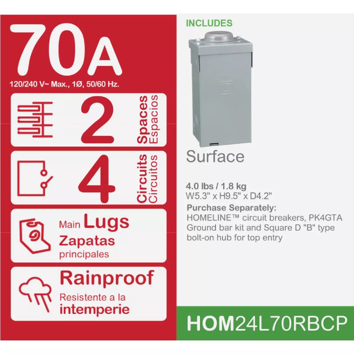 Square D Homeline 70A 2-Space 4-Circuit Raintight Main Lug Load Center - photo 2