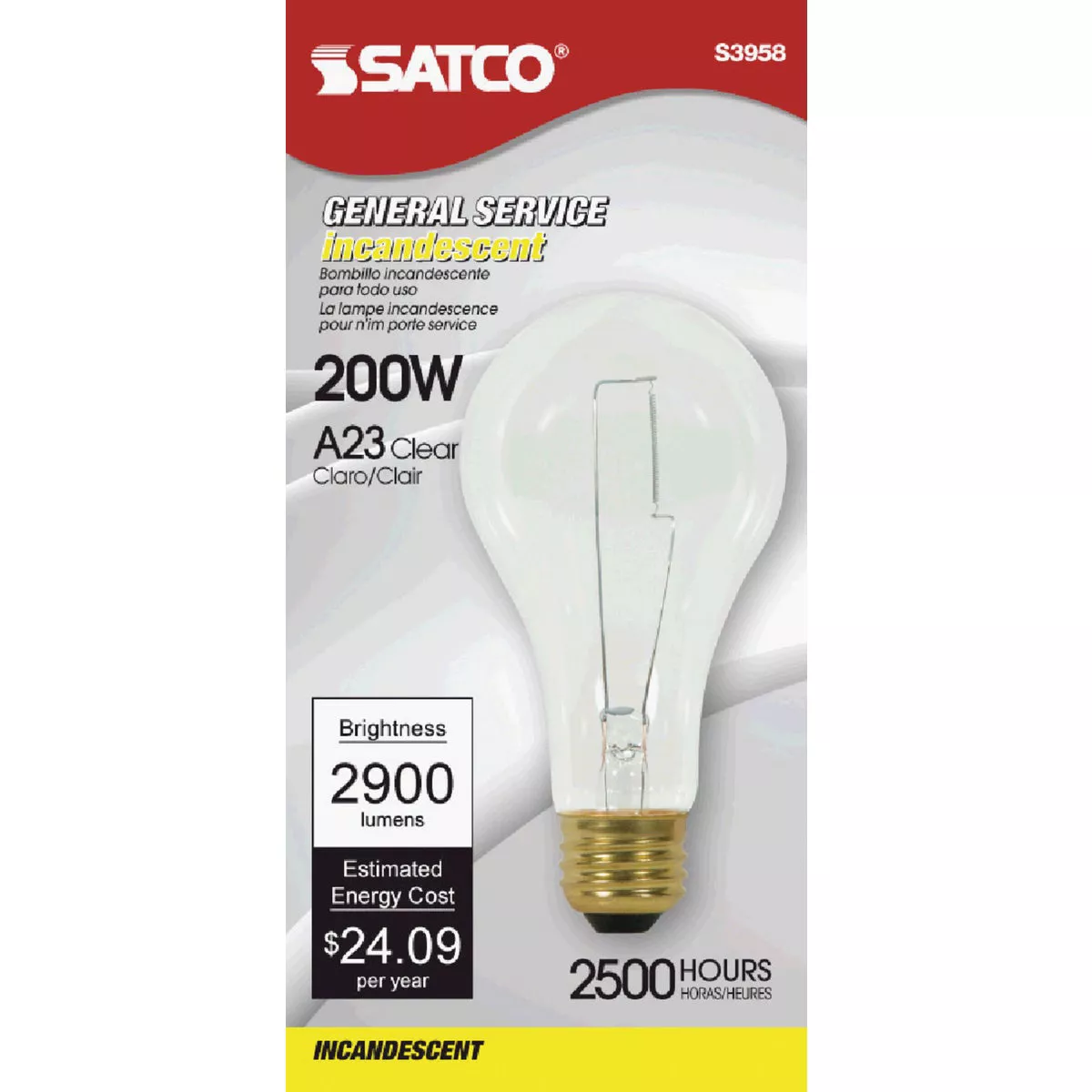 Satco 200W Clear Medium Base A23 Incandescent High Wattage Light Bulb