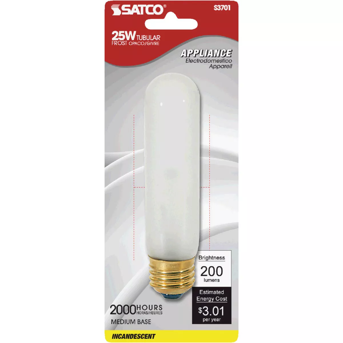Satco 25W Frost Medium Base T10 Incandescent Tubular Appliance Light Bulb