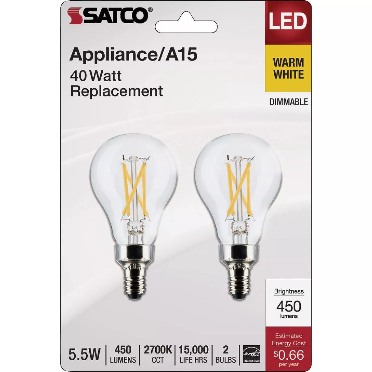 Satco 40W Equivalent Warm White A15 Candelabra Dimmable Traditional LED Light Bulb (2-Pack) - photo 2