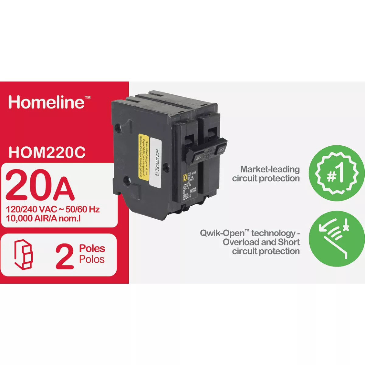 Square D Homeline 20A Double-Pole Standard Trip Circuit Breaker - photo 2