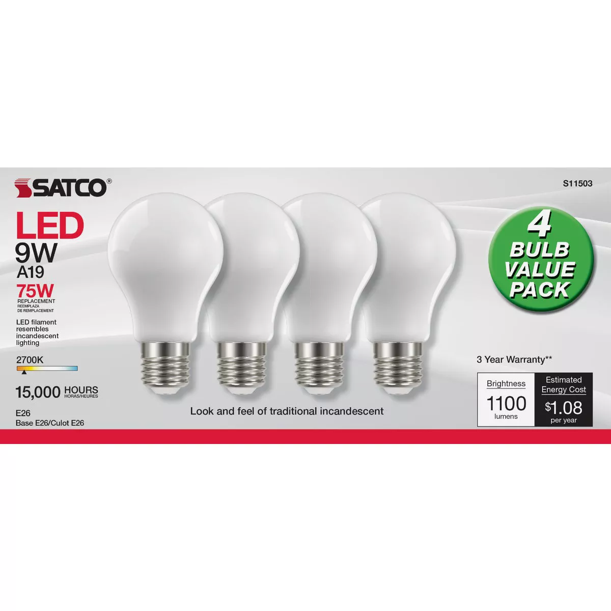 Satco Nuvo 75W Equivalent Warm White A19 Medium Frosted LED Light Bulb (4-Pack) - photo 2