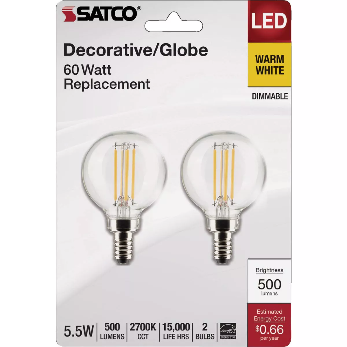 Satco 60W Equivalent Warm White G16.5 Candelabra LED Decorative Light Bulb (2-Pack) - photo 2