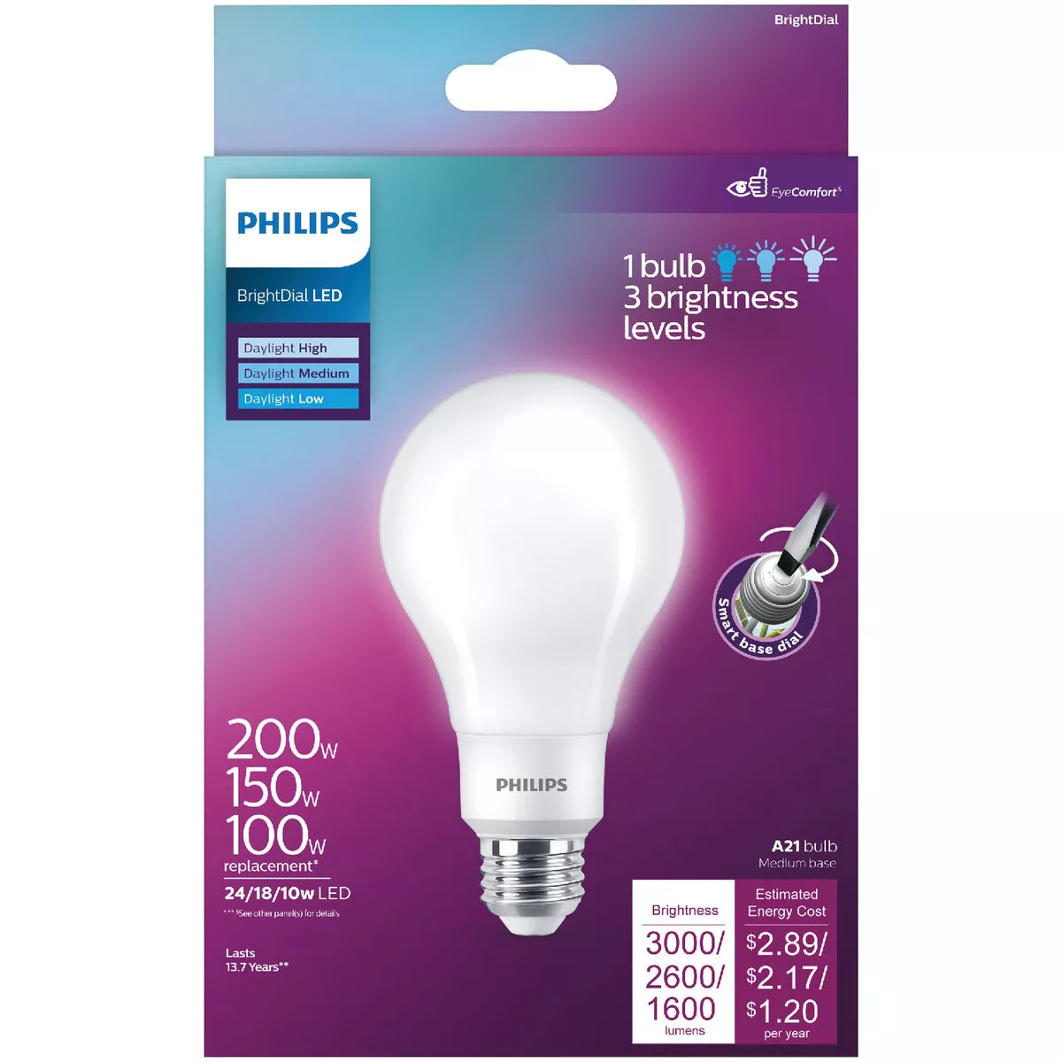 Philips BrightDial 200/150/100W Equivalent Daylight A21 Medium LED Light Bulb - photo 2