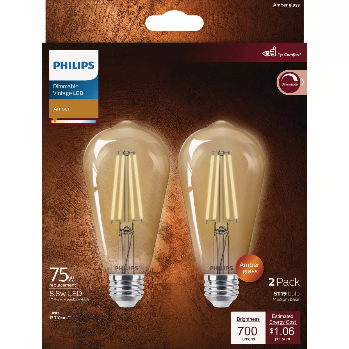 Philips Vintage 75W Equivalent Amber ST19 Medium LED Decorative Light Bulb (2-Pack) - photo 2