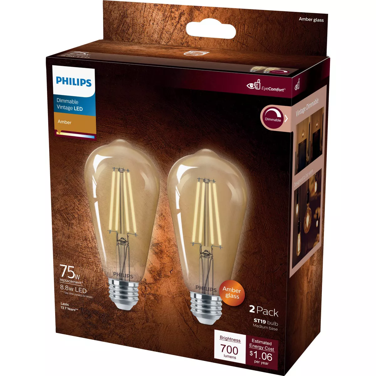 Philips Vintage 75W Equivalent Amber ST19 Medium LED Decorative Light Bulb (2-Pack) - photo 4