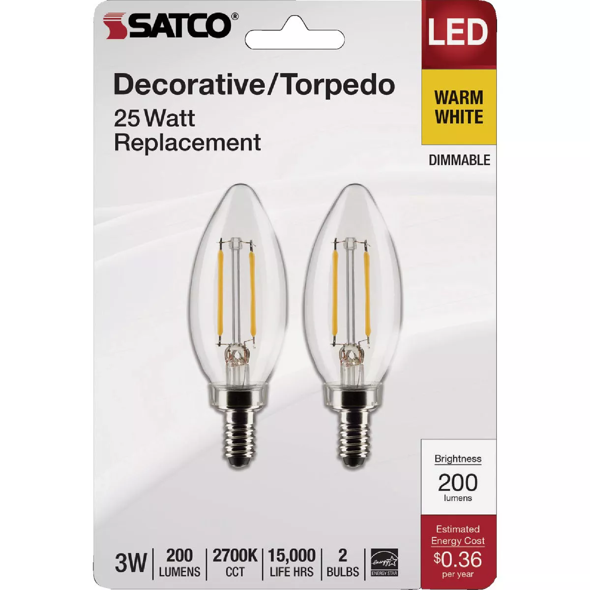 Satco 25W Equivalent Warm White B11 Candelabra Traditional LED Decorative Light Bulb (2-Pack) - photo 2
