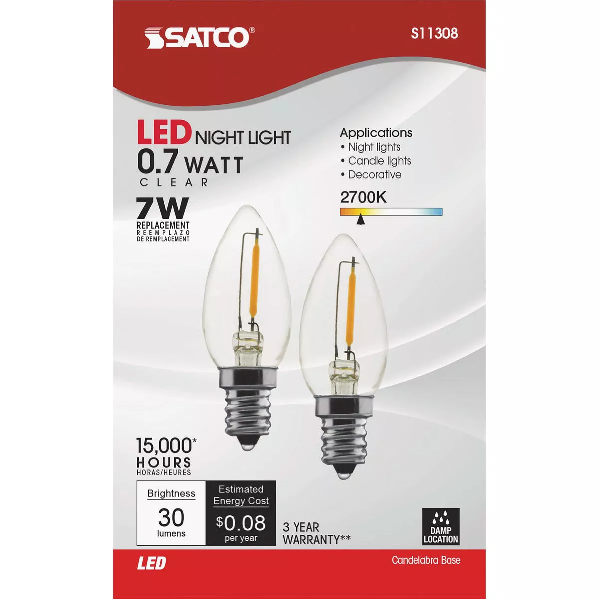 Satco 7W Equivalent C7 Candelabra Base 2700K Clear LED Bulb (2-Pack) - photo 2