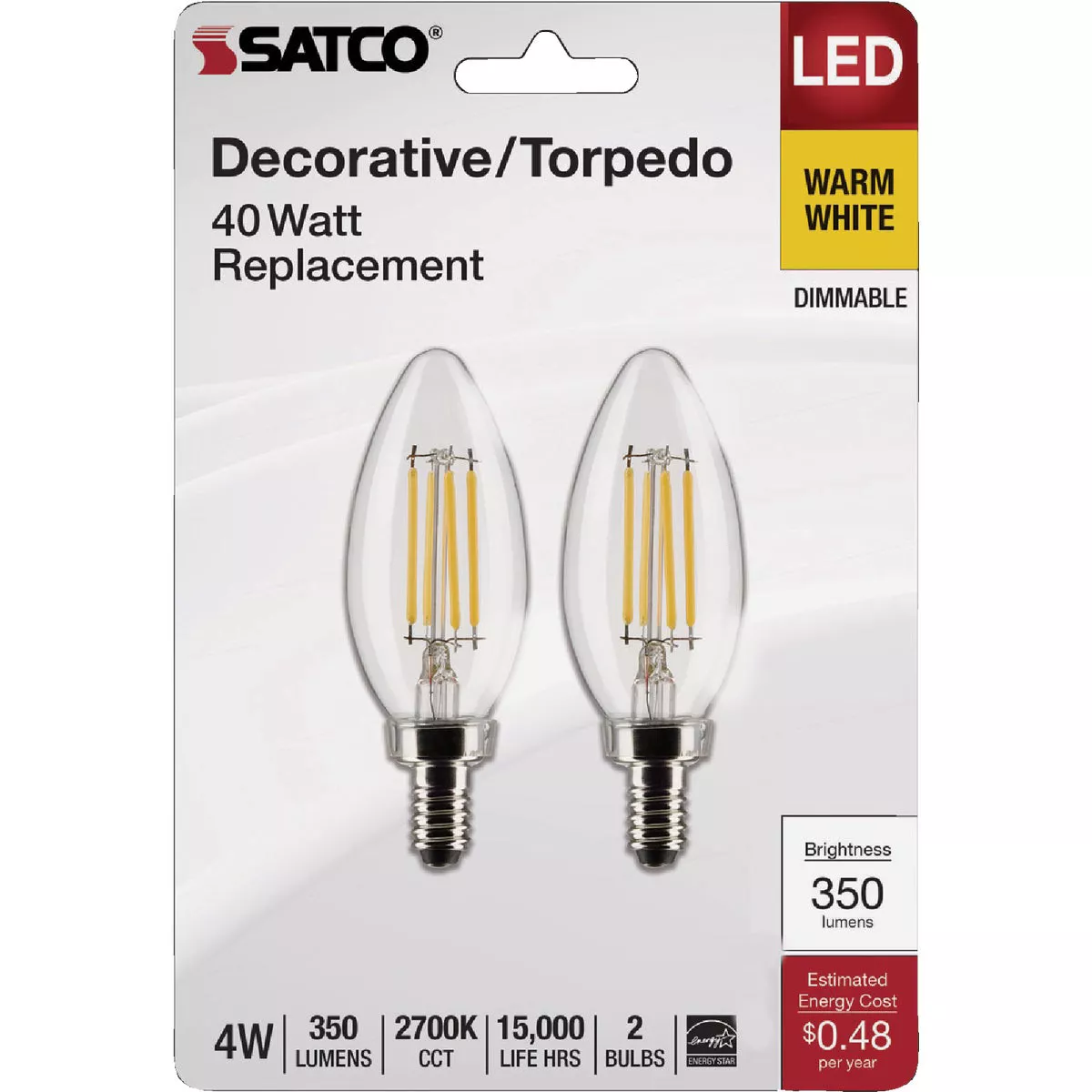 Satco 40W Equivalent Warm White B11 Candelabra Traditional LED Decorative Light Bulb (2-Pack) - photo 4