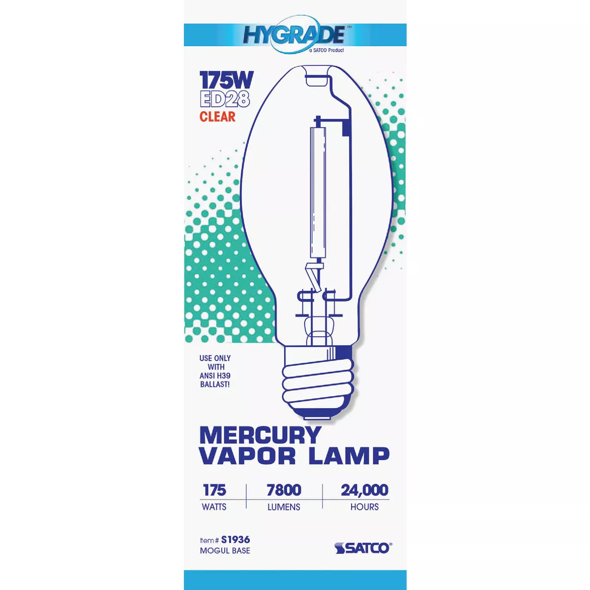 Satco 175W Clear ED28 Mogul Screw Mercury Vapor High-Intensity Light Bulb - photo 2