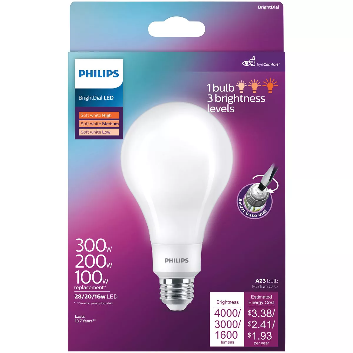 Philips BrightDial 300/200/100W Equivalent Soft White A23 Medium LED Light Bulb - photo 2