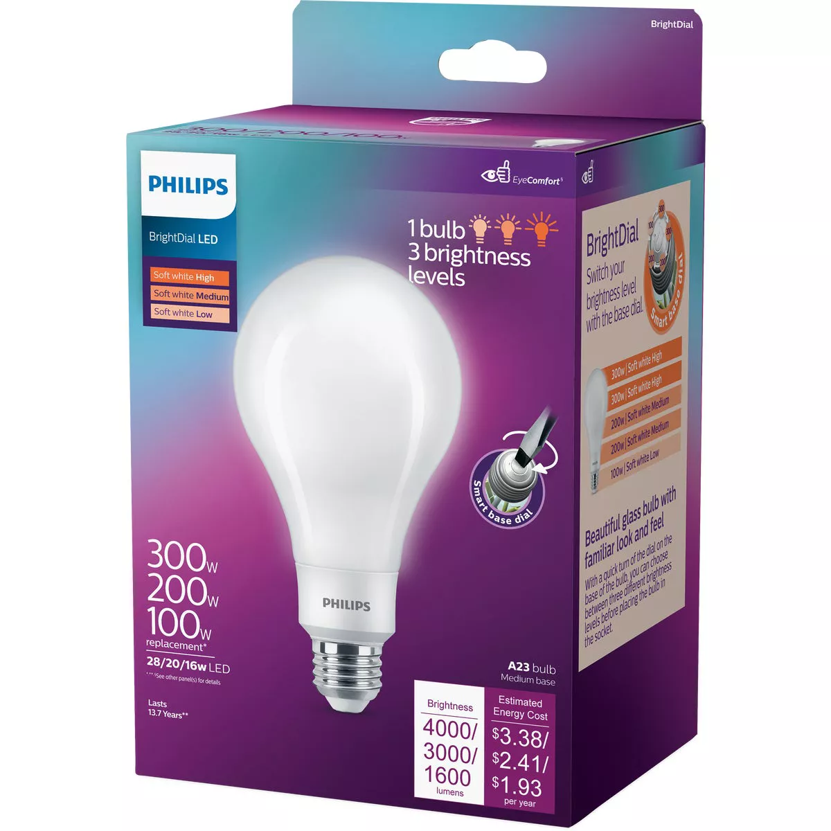 Philips BrightDial 300/200/100W Equivalent Soft White A23 Medium LED Light Bulb - photo 4