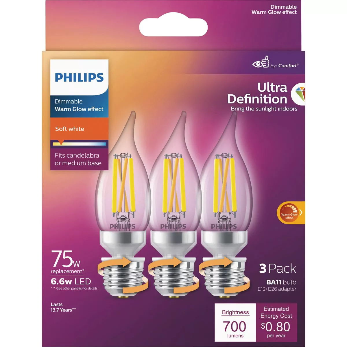 Philips Ultra Definition 75W Equivalent Soft White BA11 Adjustable Base (E12 & E26) LED Decorative Light Bulb (3-Pack) - photo 2