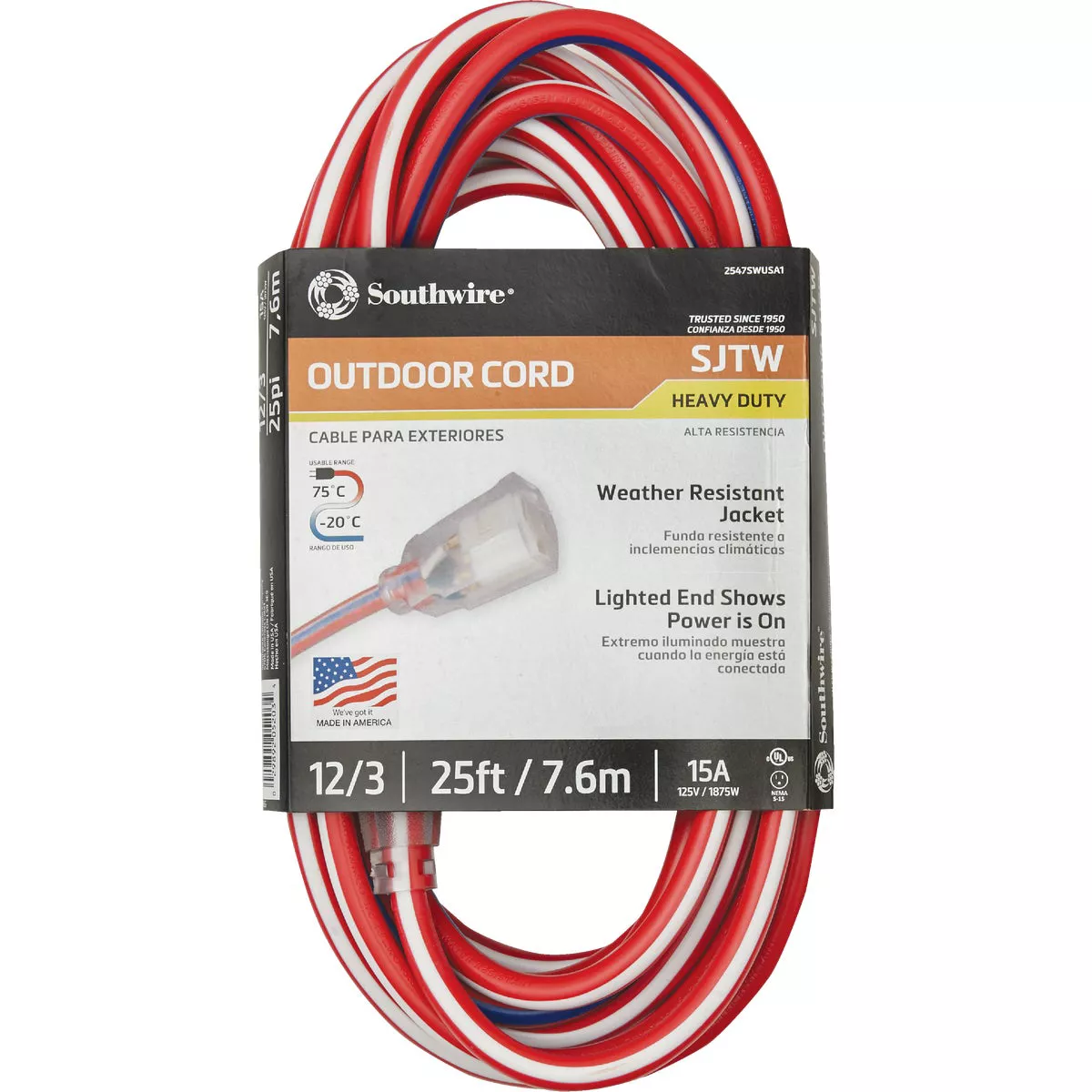 Southwire Wounded Warrior Project 25 Ft. 12/3 Indoor/Outdoor Red, White, & Blue Striped Patriotic Extension Cord - photo 2