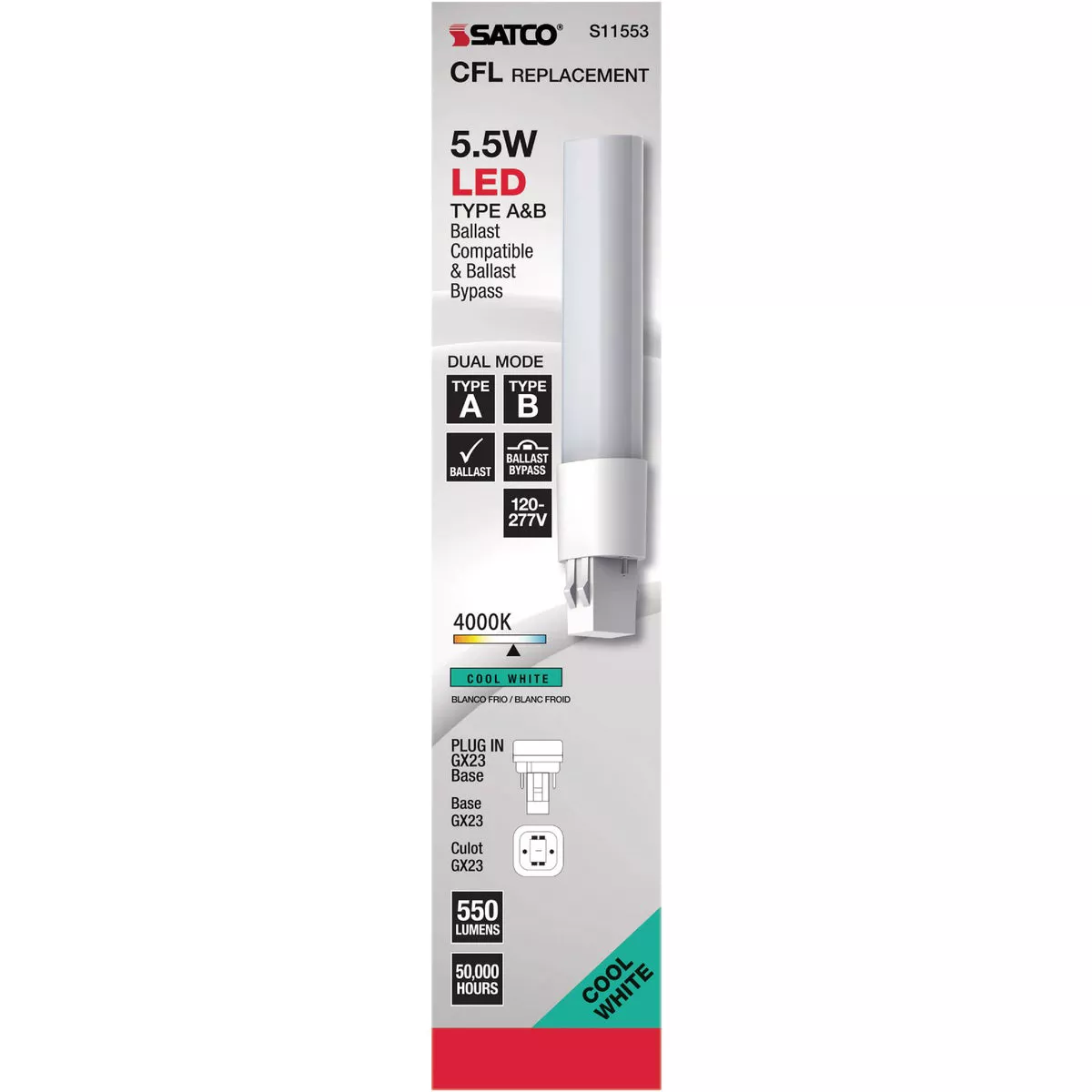 Satco 13W Equivalent PL GX23 Cool White Direct Replacement/Ballast Bypass LED Light Bulb - photo 3