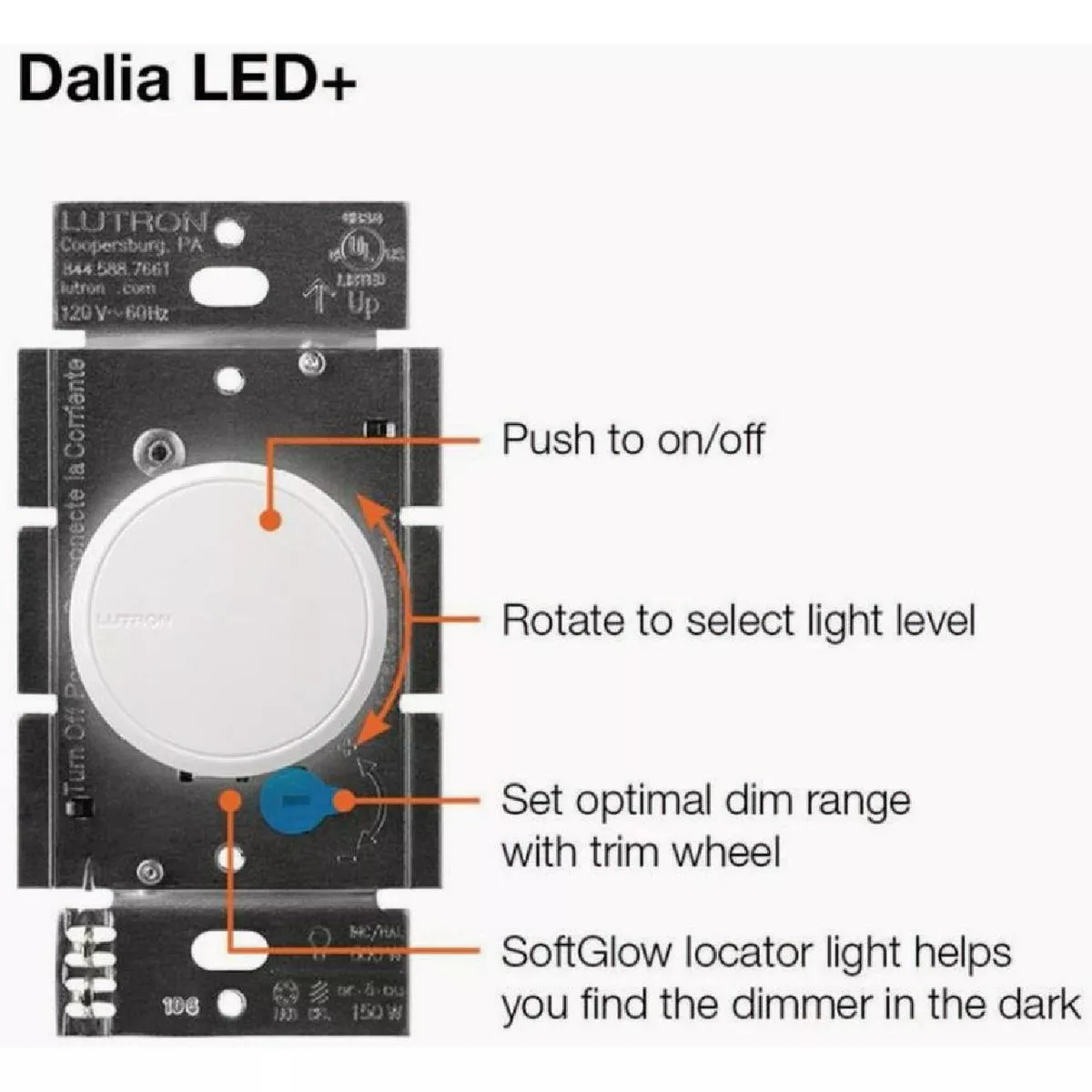 Lutron Dalia LED+ White 150W Single-Pole/3-Way LED Illuminated Rotary Light Dimmer Switch - photo 6