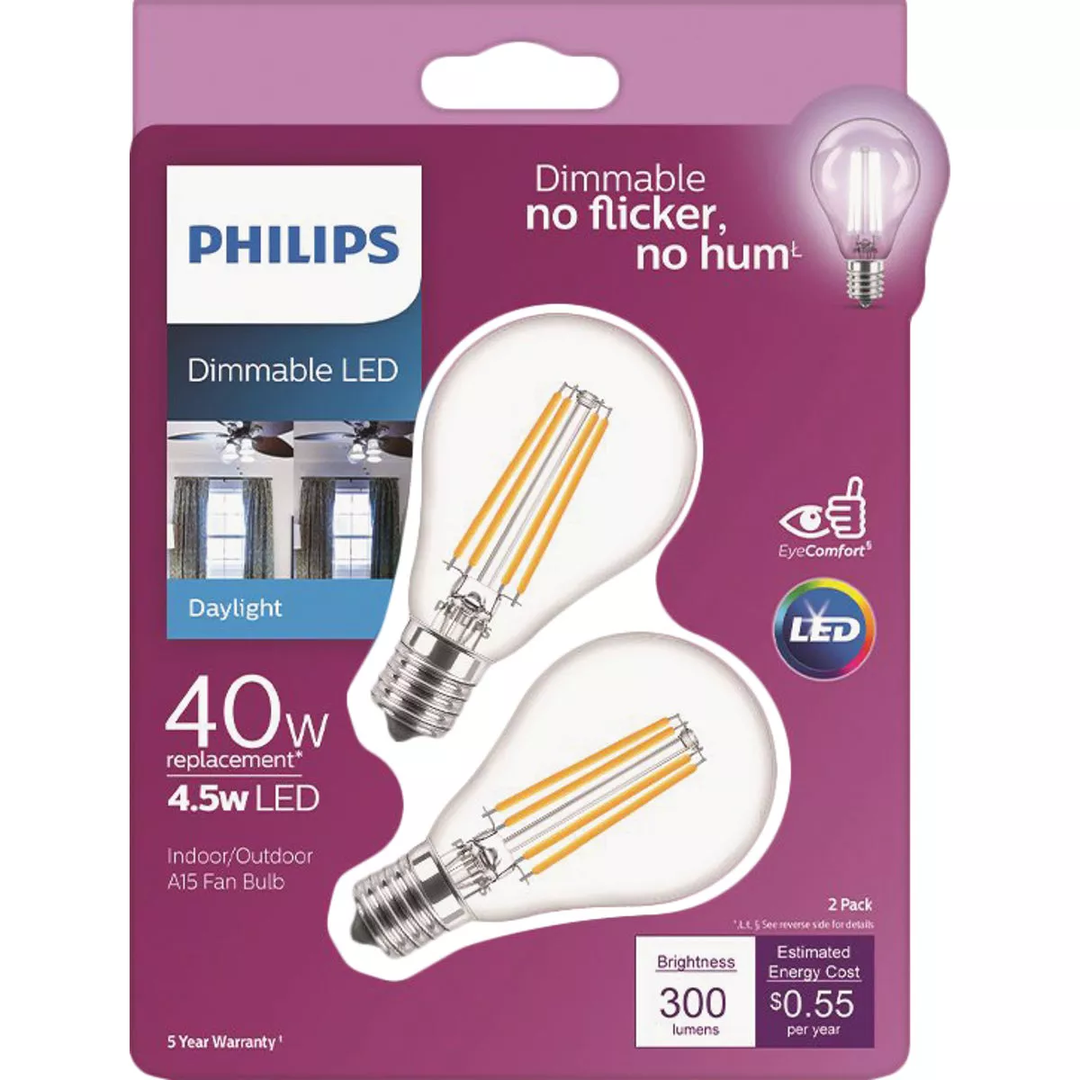 Philips 40W Equivalent Daylight A15 Intermediate Dimmable LED Light Bulb (2-Pack)