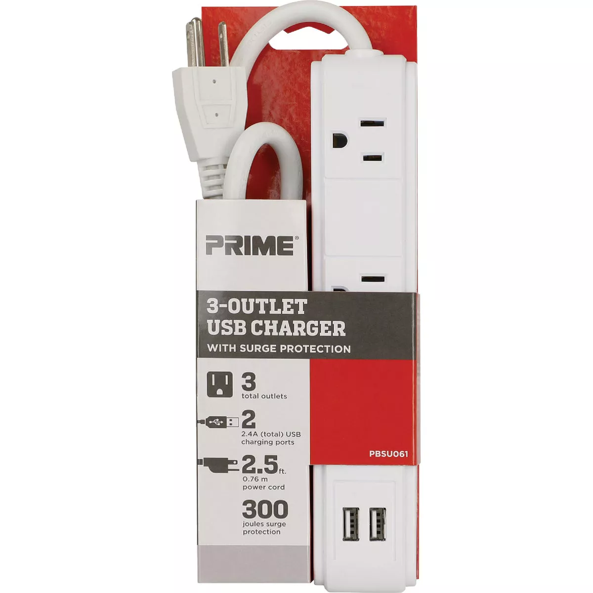 Prime Wire & Cable 3-Outlet/2-USB-A 300J White Surge Strip with 2.5 Ft. Cord - photo 2
